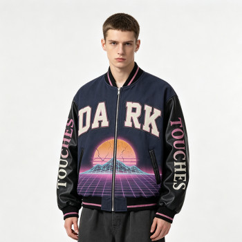 DTG Screen Print Washed towel embroidery Applique Patchwork Varsity Jacket | Tech Vintage Street Outerwear | Custom Streetwear