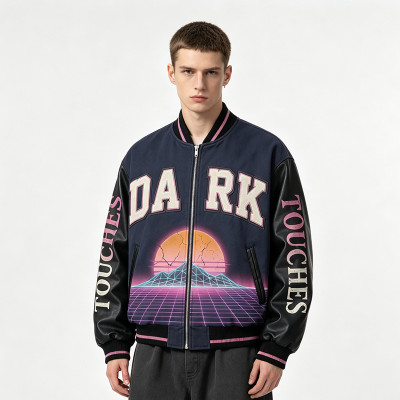 DTG Screen Print Washed towel embroidery Applique Patchwork Varsity Jacket | Tech Vintage Street Outerwear | Custom Streetwear