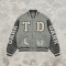 Washed Patchwork towel embroidery applique Varsity Jacket | Screen print TD Moon Letter Vintage Baseball Jacket | Clothing Manufacturer