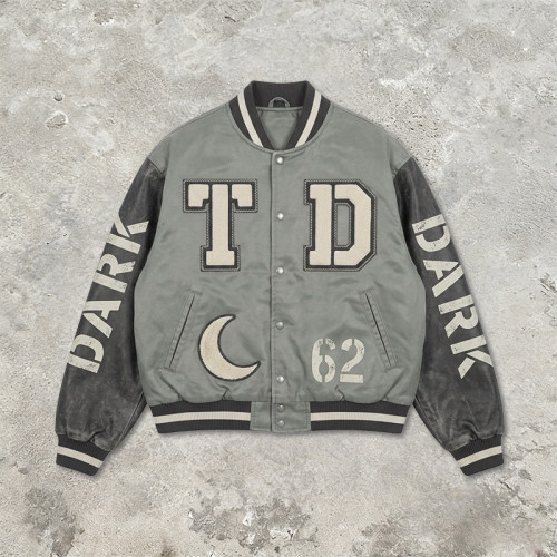 Washed Patchwork towel embroidery applique Varsity Jacket | Screen print TD Moon Letter Vintage Baseball Jacket | Clothing Manufacturer
