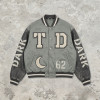 Washed Patchwork towel embroidery applique Varsity Jacket | Screen print TD Moon Letter Vintage Baseball Jacket | Clothing Manufacturer