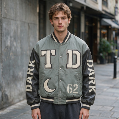 Washed Patchwork towel embroidery applique Varsity Jacket | Screen print TD Moon Letter Vintage Baseball Jacket | Clothing Manufacturer