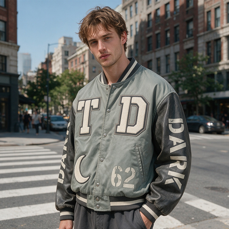 Washed Patchwork towel embroidery applique Varsity Jacket