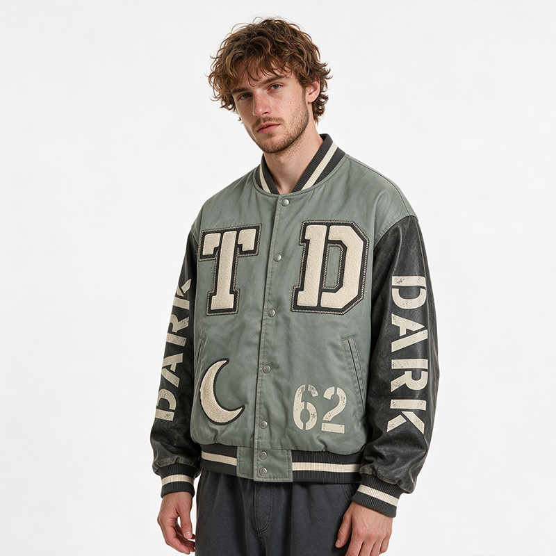 Washed Patchwork towel embroidery applique Varsity Jacket