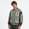 Washed Patchwork towel embroidery applique Varsity Jacket | Screen print TD Moon Letter Vintage Baseball Jacket | Clothing Manufacturer