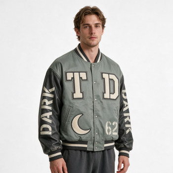 Washed Patchwork towel embroidery applique Varsity Jacket | Screen print TD Moon Letter Vintage Baseball Jacket | Clothing Manufacturer