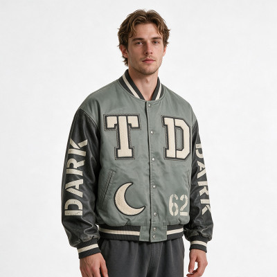 Washed Patchwork towel embroidery applique Varsity Jacket | Screen print TD Moon Letter Vintage Baseball Jacket | Clothing Manufacturer
