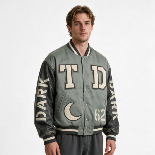 Washed Patchwork towel embroidery applique Varsity Jacket | Screen print TD Moon Letter Vintage Baseball Jacket | Clothing Manufacturer
