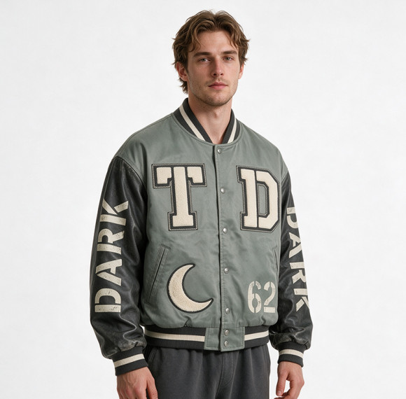 Washed Patchwork towel embroidery applique Varsity Jacket | Screen print TD Moon Letter Vintage Baseball Jacket | Clothing Manufacturer