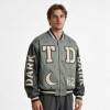 Washed Patchwork towel embroidery applique Varsity Jacket | Screen print TD Moon Letter Vintage Baseball Jacket | Clothing Manufacturer