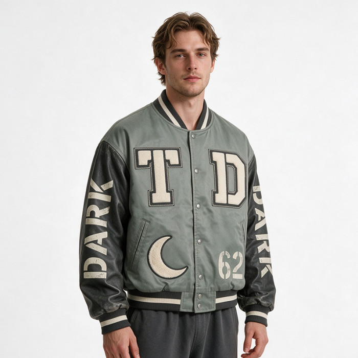 Washed Patchwork towel embroidery applique Varsity Jacket | Screen print TD Moon Letter Vintage Baseball Jacket | Clothing Manufacturer