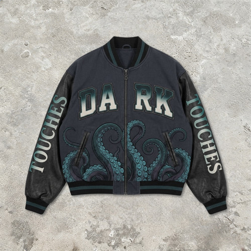 DTG Screen Print Applique Vintage Washed Octopus Varsity Jacket | PU Sleeve Patchwork Streetwear Jacket | OEM Streetwear
