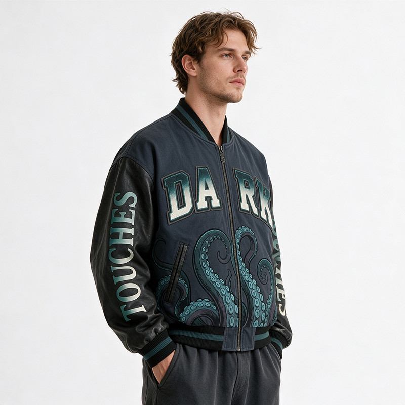 Washed Patchwork towel embroidery applique Varsity Jacket