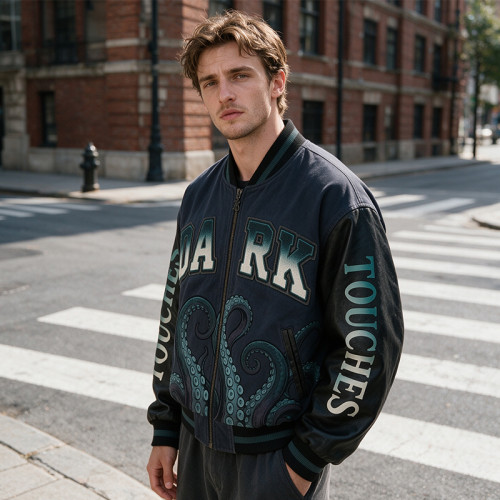 DTG Screen Print Applique Vintage Washed Octopus Varsity Jacket | PU Sleeve Patchwork Streetwear Jacket | OEM Streetwear