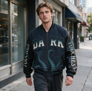 DTG Screen Print Applique Vintage Washed Octopus Varsity Jacket | PU Sleeve Patchwork Streetwear Jacket | OEM Streetwear