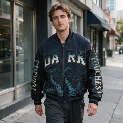 DTG Screen Print Applique Vintage Washed Octopus Varsity Jacket | PU Sleeve Patchwork Streetwear Jacket | OEM Streetwear