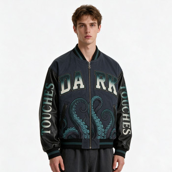 DTG Screen Print Applique Vintage Washed Octopus Varsity Jacket | PU Sleeve Patchwork Streetwear Jacket | OEM Streetwear