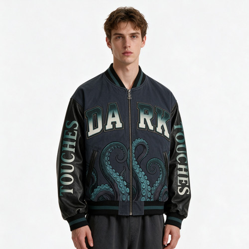 DTG Screen Print Applique Vintage Washed Octopus Varsity Jacket | PU Sleeve Patchwork Streetwear Jacket | OEM Streetwear