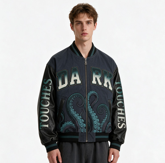 DTG Screen Print Applique Vintage Washed Octopus Varsity Jacket | PU Sleeve Patchwork Streetwear Jacket | OEM Streetwear