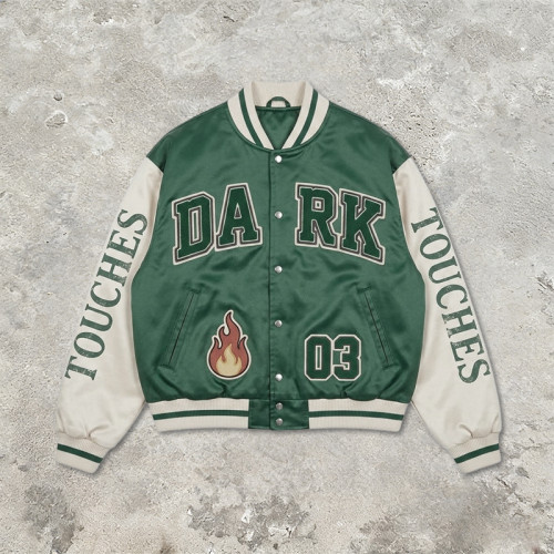 Patchwork Towel Embroidery Applique Screen Print Varsity Jacket | Fire Logo Snap Button Vintage Baseball Jacket | OEM Streetwear
