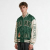Patchwork Towel Embroidery Applique Screen Print Varsity Jacket | Fire Logo Snap Button Vintage Baseball Jacket | OEM Streetwear