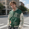 Patchwork Towel Embroidery Applique Screen Print Varsity Jacket | Fire Logo Snap Button Vintage Baseball Jacket | OEM Streetwear