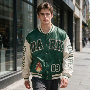 Patchwork Towel Embroidery Applique Screen Print Varsity Jacket | Fire Logo Snap Button Vintage Baseball Jacket | OEM Streetwear