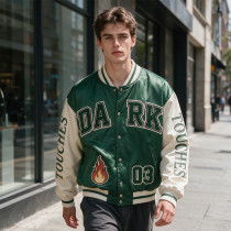 Patchwork Towel Embroidery Applique Screen Print Varsity Jacket | Fire Logo Snap Button Vintage Baseball Jacket | OEM Streetwear