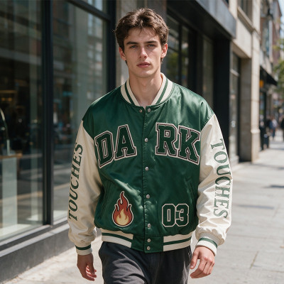 Patchwork Towel Embroidery Applique Screen Print Varsity Jacket | Fire Logo Snap Button Vintage Baseball Jacket | OEM Streetwear