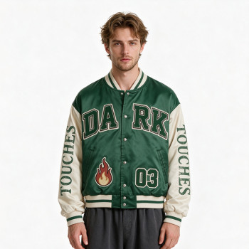 Patchwork Towel Embroidery Applique Screen Print Varsity Jacket | Fire Logo Snap Button Vintage Baseball Jacket | OEM Streetwear
