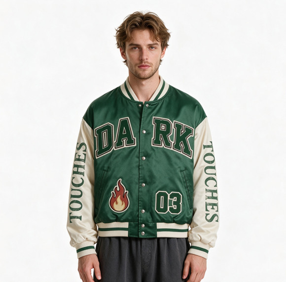 Patchwork Towel Embroidery Applique Screen Print Varsity Jacket | Fire Logo Snap Button Vintage Baseball Jacket | OEM Streetwear