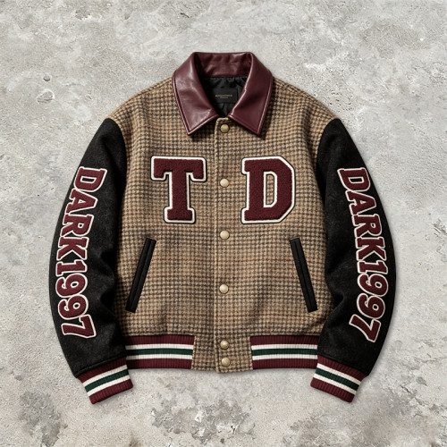Patchwork Towel Embroidery Applique Jacket | Vintage Plaid Leather Collar Varsity Jacket | OEM Streetwear