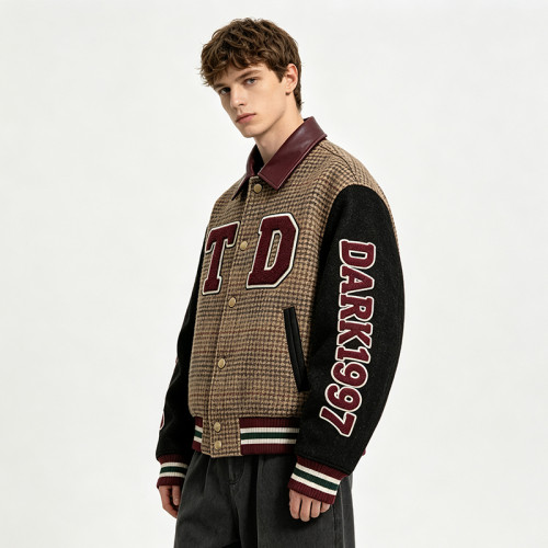 Patchwork Towel Embroidery Applique Jacket | Vintage Plaid Leather Collar Varsity Jacket | OEM Streetwear