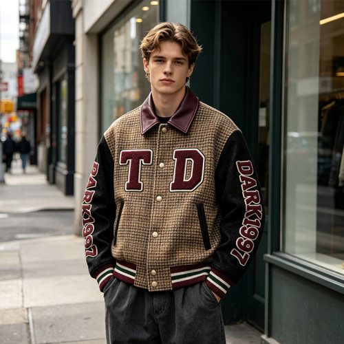 Patchwork Towel Embroidery Applique Jacket | Vintage Plaid Leather Collar Varsity Jacket | OEM Streetwear