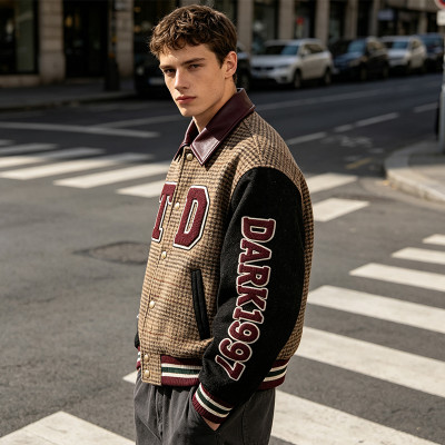 Patchwork Towel Embroidery Applique Jacket | Vintage Plaid Leather Collar Varsity Jacket | OEM Streetwear