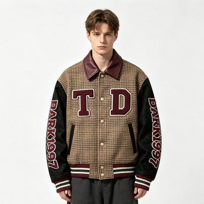Patchwork Towel Embroidery Applique Jacket | Vintage Plaid Leather Collar Varsity Jacket | OEM Streetwear