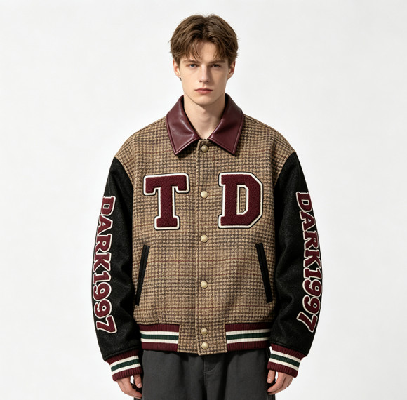 Patchwork Towel Embroidery Applique Jacket | Vintage Plaid Leather Collar Varsity Jacket | OEM Streetwear
