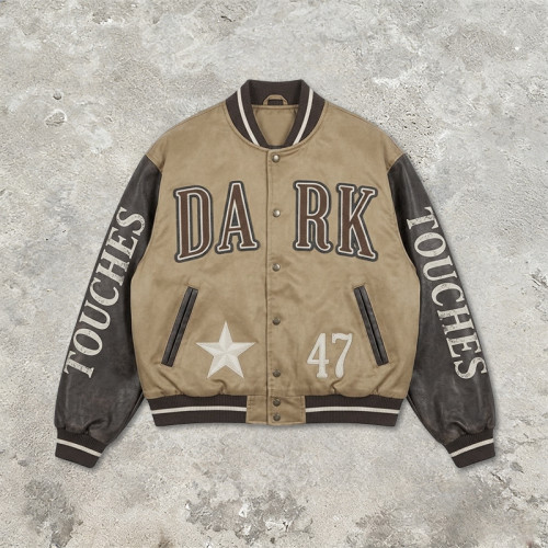 Towel Embroidery Applique Screen Print Washed Jacket | Vintage Khaki Varsity Jacket | Streetwear Manufacturer