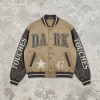 Towel Embroidery Applique Screen Print Washed Jacket | Vintage Khaki Varsity Jacket | Streetwear Manufacturer