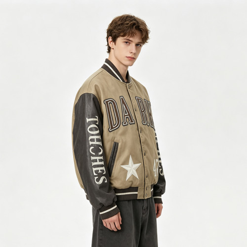 Towel Embroidery Applique Screen Print Washed Jacket | Vintage Khaki Varsity Jacket | Streetwear Manufacturer