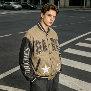 Towel Embroidery Applique Screen Print Washed Jacket | Vintage Khaki Varsity Jacket | Streetwear Manufacturer