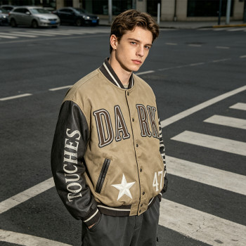 Towel Embroidery Applique Screen Print Washed Jacket | Vintage Khaki Varsity Jacket | Streetwear Manufacturer