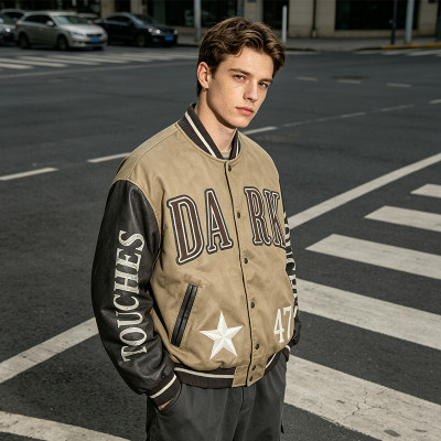 Towel Embroidery Applique Screen Print Washed Jacket | Vintage Khaki Varsity Jacket | Streetwear Manufacturer