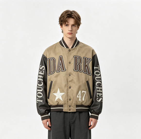 Towel Embroidery Applique Screen Print Washed Jacket | Vintage Khaki Varsity Jacket | Streetwear Manufacturer