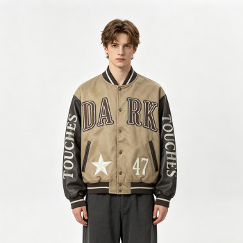 Towel Embroidery Applique Screen Print Washed Jacket | Vintage Khaki Varsity Jacket | Streetwear Manufacturer