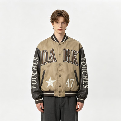 Towel Embroidery Applique Screen Print Washed Jacket | Vintage Khaki Varsity Jacket | Streetwear Manufacturer