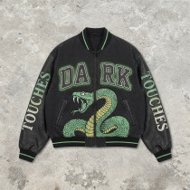 Distressed Washed Patchwork Screen Print Applique Jacket | Vintage Snake Varsity Jacket | Clothing Manufacturer