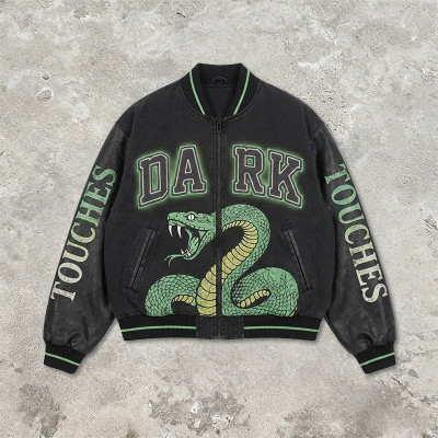 Distressed Washed Patchwork Screen Print Applique Jacket | Vintage Snake Varsity Jacket | Clothing Manufacturer