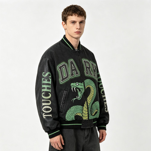 Distressed Washed Patchwork Screen Print Applique Jacket | Vintage Snake Varsity Jacket | Clothing Manufacturer