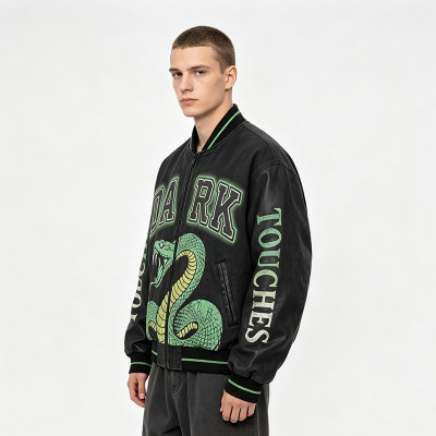 Distressed Washed Patchwork Screen Print Applique Jacket | Vintage Snake Varsity Jacket | Clothing Manufacturer